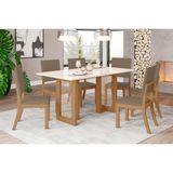 Conjunto: Mesa Sala Jantar Yara Sc79 Tampo Madeirado C/ Vidro Canto Curvo 160x90cm E 6 Cadeiras Milla Nature/suede Light Marrom Amêndoa - Henn