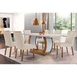 Conjunto: Mesa Sala Jantar Jade Tampo Madeirado C/ Vidro Canto Curvo 180x90 E 6 Cadeiras Jade Imbuia/off White - Suede Creme - Rufato