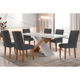Conjunto: Mesa Sala Jantar Imperatriz Tampo Madeirado C/ Vidro Canto Curvo 180x90 E 6 Cadeiras Londrina Imbuia/off White - Suede Grafite - Rufato