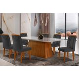 Conjunto: Mesa Sala Jantar Luna Tampo Madeirado C/ Vidro Canto Curvo 180x90 E 6 Cadeiras Amsterdã Imbuia/off White - Linho Grafite - Rufato