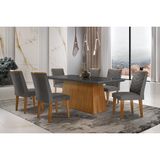 Conjunto: Mesa Sala Jantar Luna C/ Tampo De Vidro Canto Curvo 180x90cm E 6 Cadeiras Londrina Imbuia/grafite - Linho Grafite - Rufato