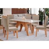 Conjunto: Mesa Sala Jantar Carol C/ Tampo Madeirado C/ Vidro 180x90cm E 6 Cadeiras Clarice Nature/suede Joli Chocolate - Cimol