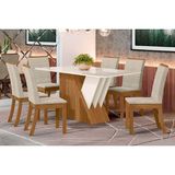 Conjunto: Mesa Sala Jantar Épic Sc24 Tampo Madeirado C/ Vidro Canto Curvo 160x90cm E 6 Cadeiras Isa Nature/linho - Henn