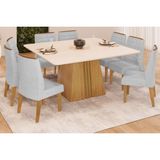 Conjunto: Mesa Sala Jantar Itália Tampo Madeirado C/ Vidro Curvo 136x136cm E 8 Cadeiras Ondina Cedro/off White - Linho Neve - Dj Móveis