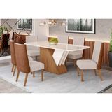 Conjunto: Mesa Sala Jantar Épic Sc24 Tampo Madeirado C/ Vidro Canto Curvo 160x90cm E 6 Cadeiras Anne Nature/courano/linho - Henn