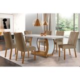 Conjunto: Mesa Sala Jantar Jade C/ Tampo Madeirado C/ Vidro Canto Curvo 180x90cm E 6 Cadeiras Amsterdã Imbuia/off White - Suede Capuccino - Rufato