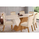 Conjunto: Mesa Sala Jantar Épic Sc24 Tampo Madeirado C/ Vidro Canto Curvo 160x90cm E 6 Cadeiras Tauá Nature/linho - Henn