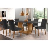 Conjunto: Mesa Sala Jantar Jade C/ Tampo Madeirado C/ Vidro Canto Curvo 180x90cm E 6 Cadeiras Amsterdã Imbuia/grafite - Suede Grafite - Rufato