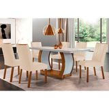 Conjunto: Mesa Sala Jantar Jade Tampo Madeirado C/ Vidro Canto Curvo 180x90 E 6 Cadeiras Jade Imbuia/suede Creme - Rufato