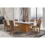 Conjunto: Mesa Sala Jantar Luna C/ Tampo De Vidro Canto Curvo 180x90cm E 6 Cadeiras Jade Imbuia/off White - Suede Capuccino - Rufato