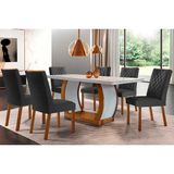 Conjunto: Mesa Sala Jantar Jade Tampo Madeirado C/ Vidro Canto Curvo 180x90 E 6 Cadeiras Jade Capuccino/suede Grafite - Rufato