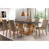 Conjunto: Mesa Sala Jantar Jade C/ Tampo Madeirado C/ Vidro Canto Curvo 180x90cm E 6 Cadeiras Amsterdã Imbuia/grafite - Suede Capuccino - Rufato