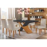 Conjunto: Mesa Sala Jantar Imperatriz Tampo Madeirado C/ Vidro Canto Curvo 180x90 E 6 Cadeiras Jade Imbuia/grafite - Suede Creme - Rufato