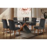 Conjunto: Mesa Sala Jantar Imperatriz Tampo Madeirado C/ Vidro Reto 180x90 E 6 Cadeiras Amsterdã Imbuia/grafite - Linho Grafite - Rufato