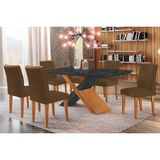 Conjunto: Mesa Sala Jantar Imperatriz Tampo Madeirado C/ Vidro Canto Curvo 180x90 E 6 Cadeiras Jade Imbuia/grafite - Suede Marrom - Rufato