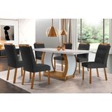Conjunto: Mesa Sala Jantar Jade Tampo Madeirado C/ Vidro Canto Curvo 180x90 E 6 Cadeiras Imperatriz Imbuia/off White - Suede Grafite - Rufato