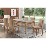 Conjunto: Mesa Sala Jantar Londrina C/ Tampo Madeirado C/ Vidro Canto Curvo 180x90cm E 6 Cadeiras Jade Imbuia/off White - Suede Capuccino - Rufato