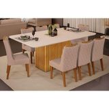 Cozinha Completa Canes Tampo Madeirado C/ Vidro Curvo 200x100cm E 8 Cadeiras Stela Cedro/off White - Ipe/suede Kraft - Dj Móveis