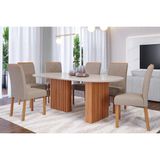 Conjunto: Mesa Sala Jantar Ester Tampo Madeirado Oval C/ Vidro 210x100cm E 6 Cadeiras Fernanda Cinamomo/off White - Nature-madeirado/linho Be - Cimol