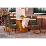 Conjunto: Mesa Sala Jantar Épic Sc24 Tampo Madeirado C/ Vidro Canto Curvo 160x90cm E 6 Cadeiras Vita Nature/suede Light Bege - Henn