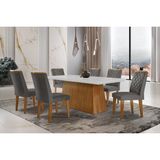 Conjunto: Mesa Sala Jantar Luna C/ Tampo De Vidro Canto Curvo 180x90cm E 6 Cadeiras Jade Imbuia/off White - Suede Grafite - Rufato