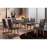 Conjunto: Mesa Sala Jantar Londrina C/ Tampo Madeirado C/ Vidro Canto Curvo 180x90cm E 6 Cadeiras Londrina Imbuia/grafite - Linho Grafite - Rufato