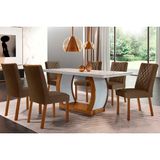 Conjunto: Mesa Sala Jantar Jade Tampo Madeirado C/ Vidro Canto Curvo 180x90 E 6 Cadeiras Jade Imbuia/off White - Suede Marrom - Rufato