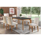 Conjunto: Mesa Sala Jantar Londrina C/ Tampo Madeirado C/ Vidro Canto Curvo 180x90cm E 6 Cadeiras Jade Imbuia/grafite - Suede Creme - Rufato