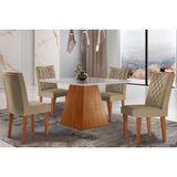 Conjunto: Mesa Sala Jantar Luna C/ Tampo Madeirado C/ Vidro Canto Curvo 90x90cm E 4 Cadeiras Jade Imbuia/off White - Suede Capuccino - Rufato