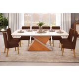 Conjunto: Mesa Sala Jantar Zafira Tampo Madeirado C/ Vidro Curvo 200x100cm E 8 Cadeiras Jade Cedro/off White - Suede Moca - Dj Móveis