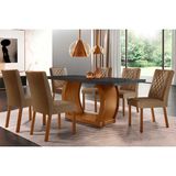 Conjunto: Mesa Sala Jantar Jade C/ Tampo Madeirado C/ Vidro Canto Curvo 180x90cm E 6 Cadeiras Jade Imbuia/grafite - Suede Capuccino - Rufato
