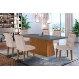 Conjunto: Mesa Sala Jantar Luna C/ Tampo De Vidro Canto Curvo 180x90cm E 6 Cadeiras Imperatriz Imbuia/grafite - Suede Creme - Rufato