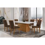 Conjunto: Mesa Sala Jantar Luna C/ Tampo De Vidro Canto Curvo 180x90cm E 6 Cadeiras Jade Imbuia/off White - Suede Marrom - Rufato
