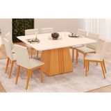 Conjunto: Mesa Sala Jantar Itália Tampo Madeirado C/ Vidro Curvo 136x136cm E 8 Cadeiras Sofia Cedro/off White - Ipe/linho Neve - Dj Móveis