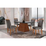 Conjunto: Mesa Sala Jantar Luna C/ Tampo Madeirado C/ Vidro Canto Curvo 120x80cm E 4 Cadeiras Londrina Imbuia/grafite - Suede Grafite - Rufato