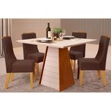 Conjunto: Mesa Sala Jantar Fler Tampo Madeirado C/ Vidro 90x90cm E 4 Cadeiras Jade Freijo/off White - Suede Moca - Dj Móveis