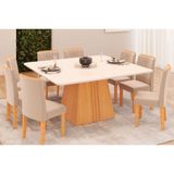Sala De Jantar Completa Itália Tampo Madeirado C/ Vidro Curvo 136x136cm E 8 Cadeiras Zoe Cedro/off White - Suede Creme - Dj Móveis