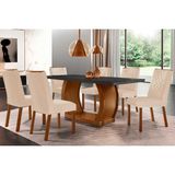 Conjunto: Mesa Sala Jantar Jade C/ Tampo Madeirado C/ Vidro Canto Curvo 180x90cm E 6 Cadeiras Jade Imbuia/grafite - Suede Creme - Rufato