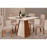 Conjunto: Mesa Sala Jantar Fler Tampo Madeirado C/ Vidro 90x90cm E 4 Cadeiras Zoe Freijo/off White - Suede Creme - Dj Móveis