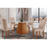 Conjunto: Mesa Sala Jantar Luna C/ Tampo Madeirado C/ Vidro Canto Curvo 90x90cm E 4 Cadeiras Jade Imbuia/off White - Suede Creme - Rufato