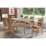 Conjunto Mesa Londrina C/ Tampo Madeirado C/ Vidro Canto Curvo 180x90cm E 6 Cadeiras Imperatriz Imbuia/off White - Suede Capuccino-rufato