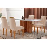 Conjunto: Mesa Sala Jantar Berlim C/ Tampo Madeirado Vidro Canto Curvo 120x80cm E 4 Cadeiras Londrina Imbuia/off White - Suede Creme - Rufato