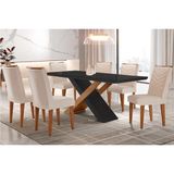 Conjunto: Mesa Sala Jantar Imperatriz Tampo Madeirado C/ Vidro Canto Curvo 180x90 E 6 Cadeiras Londrina Imbuia/grafite - Suede Creme - Rufato