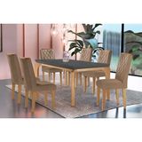 Conjunto: Mesa Sala Jantar Londrina C/ Tampo Madeirado Vidro Canto Curvo 180x90cm E 6 Cadeiras Jade Imbuia/grafite - Suede Capuccino - Rufato