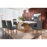 Conjunto: Mesa Sala Jantar Alvorada Tampo Madeirado C/ Vidro Canto Reto 180x90cm E 6 Cadeiras Amsterdã Imbuia/off White - Linho Grafite - Rufato