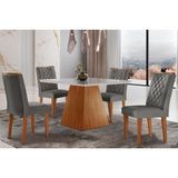 Conjunto: Mesa Sala Jantar Luna C/ Tampo Madeirado C/ Vidro Canto Curvo 90x90cm E 4 Cadeiras Jade Imbuia/off White - Suede Grafite - Rufato