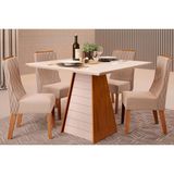 Conjunto: Mesa Sala Jantar Fler Tampo Madeirado C/ Vidro 90x90cm E 4 Cadeiras Jade Freijo/off White - Suede Kraft - Dj Móveis