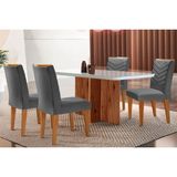 Conjunto: Mesa Sala Jantar Berlim C/ Tampo Madeirado C/ Vidro Canto Curvo 120x80cm E 4 Cadeiras Londrina Imbuia/off White - Linho Grafite - Rufato
