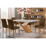 Conjunto: Mesa Sala Jantar Imperatriz Tampo Madeirado C/ Vidro Canto Curvo 180x90 E 6 Cadeiras Jade Imbuia/off White - Suede Marrom - Rufato