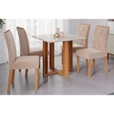 Conjunto: Mesa Sala Jantar Flora C/ Tampo Madeirado C/ Vidro 95x95cm E 4 Cadeiras Fernanda Savana-madeirado/suede Nude Bege - Cimol